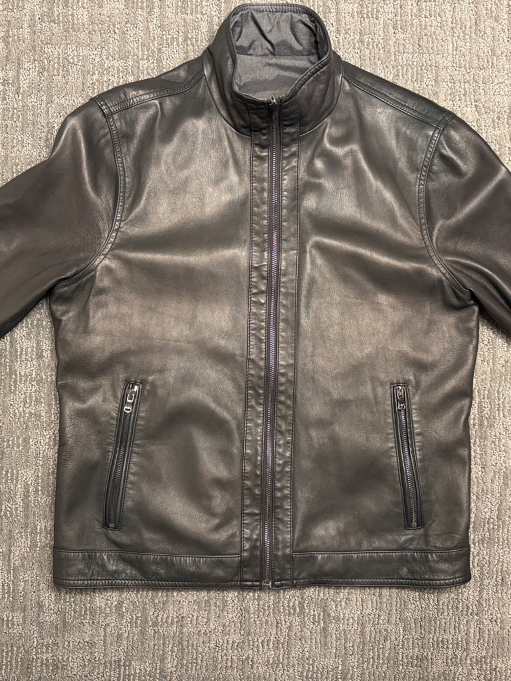 Michael Kors Men's Black Leather Bomber Jacket Reversible with Zip Pockets